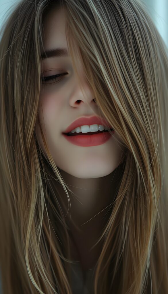 A (((diffuse and ethereal portrait))), capturing a (((teen girl with very long straight brown hair and blond highlights))), whose face is half-obscured by a soft drape of strands, suggesting a muted fatigue that comes from years of tending to such luxurious locks. Closed eyes and red full kissable lips, white teeth. Wide open mouth, she looks up and is happy. View from above.