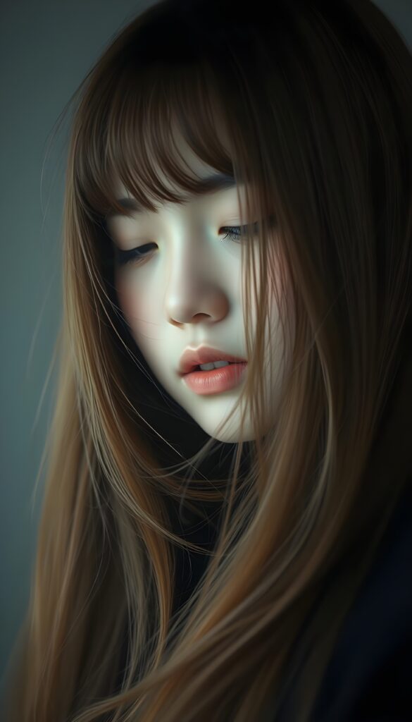 A (((diffuse and ethereal portrait))), capturing a (((Korean teen girl with very long straight soft hazelnut amber hair))), whose face is half-obscured by a soft drape of strands, bangs, suggesting a muted fatigue that comes from years of tending to such luxurious locks. Half closed eyes.