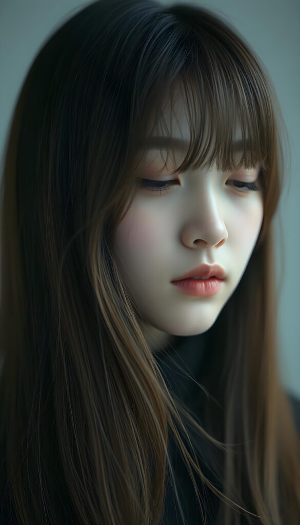 A (((diffuse and ethereal portrait))), capturing a (((Korean teen girl with very long straight soft hazelnut amber hair))), whose face is half-obscured by a soft drape of strands, bangs, suggesting a muted fatigue that comes from years of tending to such luxurious locks. Half closed eyes.