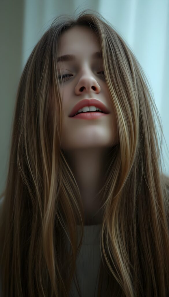 A (((diffuse and ethereal portrait))), capturing a (((teen girl with very long straight brown hair and blond highlights))), whose face is half-obscured by a soft drape of strands, suggesting a muted fatigue that comes from years of tending to such luxurious locks. Closed eyes and red full kissable lips, white teeth. Wide open mouth, she looks up and is happy. View from above.