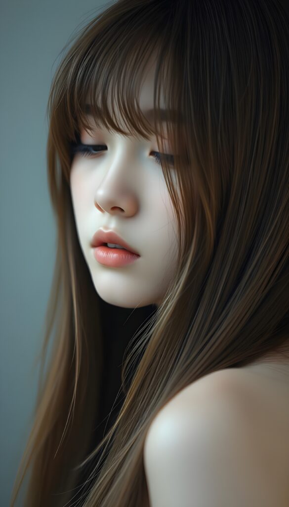 A (((diffuse and ethereal portrait))), capturing a (((Korean teen girl with very long straight soft hazelnut amber hair))), whose face is half-obscured by a soft drape of strands, bangs, suggesting a muted fatigue that comes from years of tending to such luxurious locks. Half closed eyes.