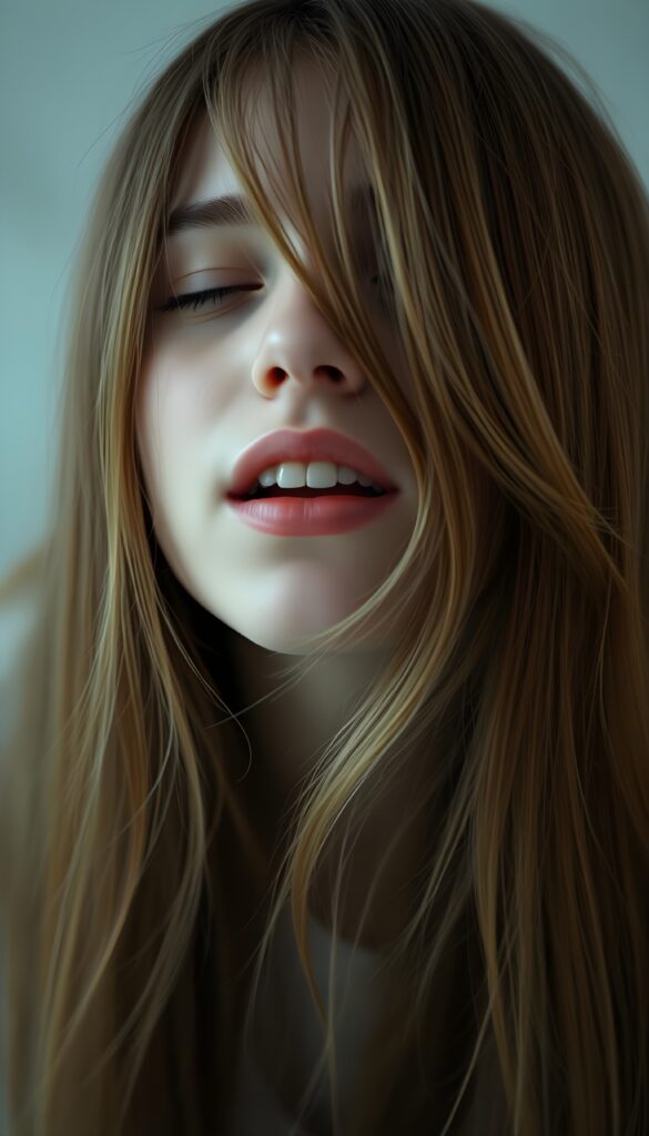 A (((diffuse and ethereal portrait))), capturing a (((teen girl with very long straight brown hair and blond highlights))), whose face is half-obscured by a soft drape of strands, suggesting a muted fatigue that comes from years of tending to such luxurious locks. Closed eyes and red full kissable lips, white teeth. Wide open mouth, she looks up and is happy. View from above.