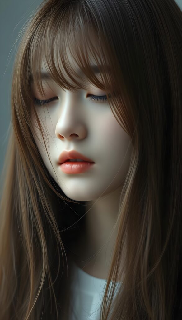 A (((diffuse and ethereal portrait))), capturing a (((Korean teen girl with very long straight soft hazelnut amber hair))), whose face is half-obscured by a soft drape of strands, bangs, suggesting a muted fatigue that comes from years of tending to such luxurious locks. Half closed eyes.