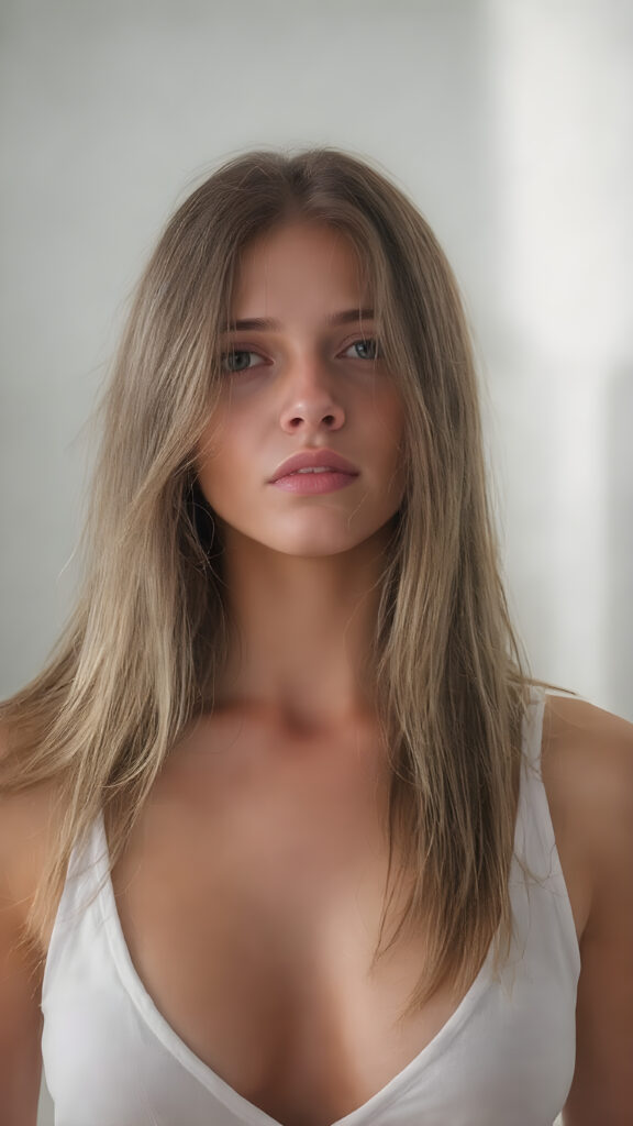 A (((digital full-body photograph))), capturing a (((young girl, perfect female body))), round face, full lips, with (((big, ocean-like eyes))) and (((a luxuriously long straight, brown and blond hair that cascades down in a mesmerizing wave))), accessorized with (((a sleek, thin, elegant white tank top, deep v-neck))), draped loosely over her shoulders, contrasting luxuriously against her elegant skin. The scene creates a (((beautiful play of light and shadow))), emphasizing intricate details and unique textures that make this image truly ((masterful artistry))
