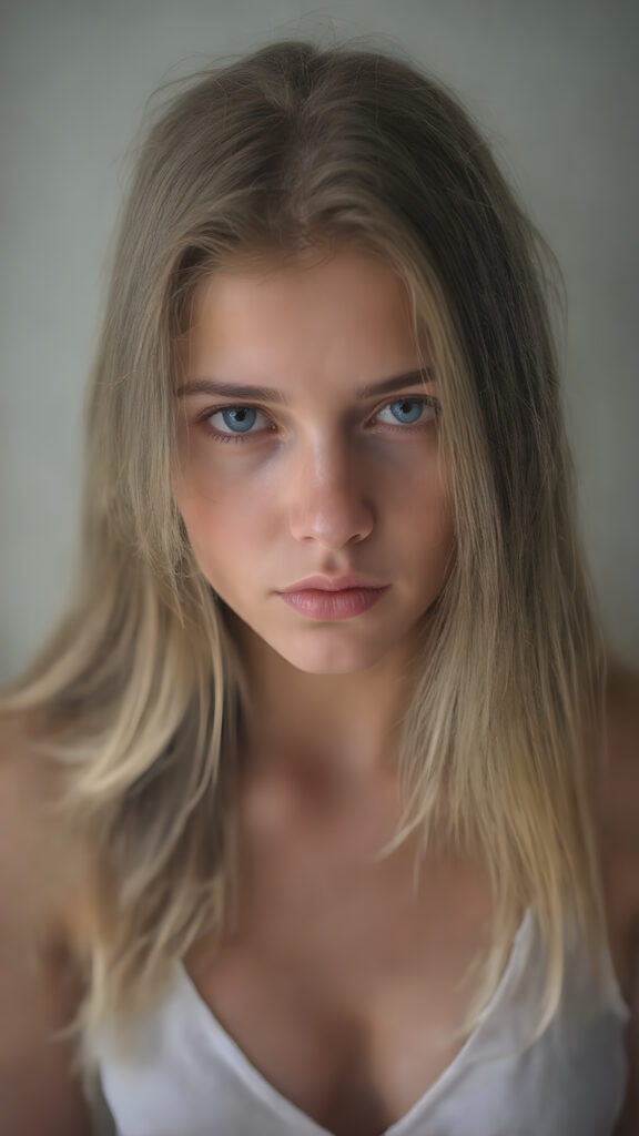 A (((digital full-body photograph))), capturing a (((young girl, perfect female body))), round face, full lips, with (((big, ocean-like eyes))) and (((a luxuriously long straight, brown and blond hair that cascades down in a mesmerizing wave))), accessorized with (((a sleek, thin, elegant white tank top, deep v-neck))), draped loosely over her shoulders, contrasting luxuriously against her elegant skin. The scene creates a (((beautiful play of light and shadow))), emphasizing intricate details and unique textures that make this image truly ((masterful artistry))