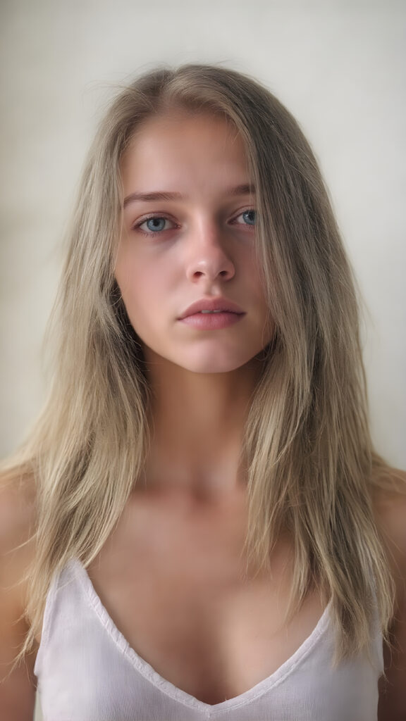 A (((digital full-body photograph))), capturing a (((young girl, perfect female body))), round face, full lips, with (((big, ocean-like eyes))) and (((a luxuriously long straight, brown and blond hair that cascades down in a mesmerizing wave))), accessorized with (((a sleek, thin, elegant white tank top, deep v-neck))), draped loosely over her shoulders, contrasting luxuriously against her elegant skin. The scene creates a (((beautiful play of light and shadow))), emphasizing intricate details and unique textures that make this image truly ((masterful artistry))