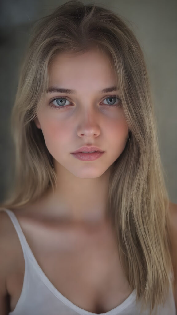 A (((digital full-body photograph))), capturing a (((young girl, perfect female body))), round face, full lips, with (((big, ocean-like eyes))) and (((a luxuriously long straight, brown and blond hair that cascades down in a mesmerizing wave))), accessorized with (((a sleek, thin, elegant white tank top, deep v-neck))), draped loosely over her shoulders, contrasting luxuriously against her elegant skin. The scene creates a (((beautiful play of light and shadow))), emphasizing intricate details and unique textures that make this image truly ((masterful artistry))