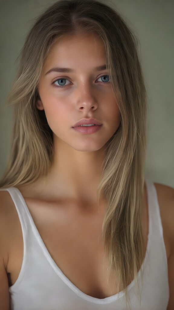 A (((digital full-body photograph))), capturing a (((young girl, perfect female body))), round face, full lips, with (((big, ocean-like eyes))) and (((a luxuriously long straight, brown and blond hair that cascades down in a mesmerizing wave))), accessorized with (((a sleek, thin, elegant white tank top, deep v-neck))), draped loosely over her shoulders, contrasting luxuriously against her elegant skin. The scene creates a (((beautiful play of light and shadow))), emphasizing intricate details and unique textures that make this image truly ((masterful artistry))