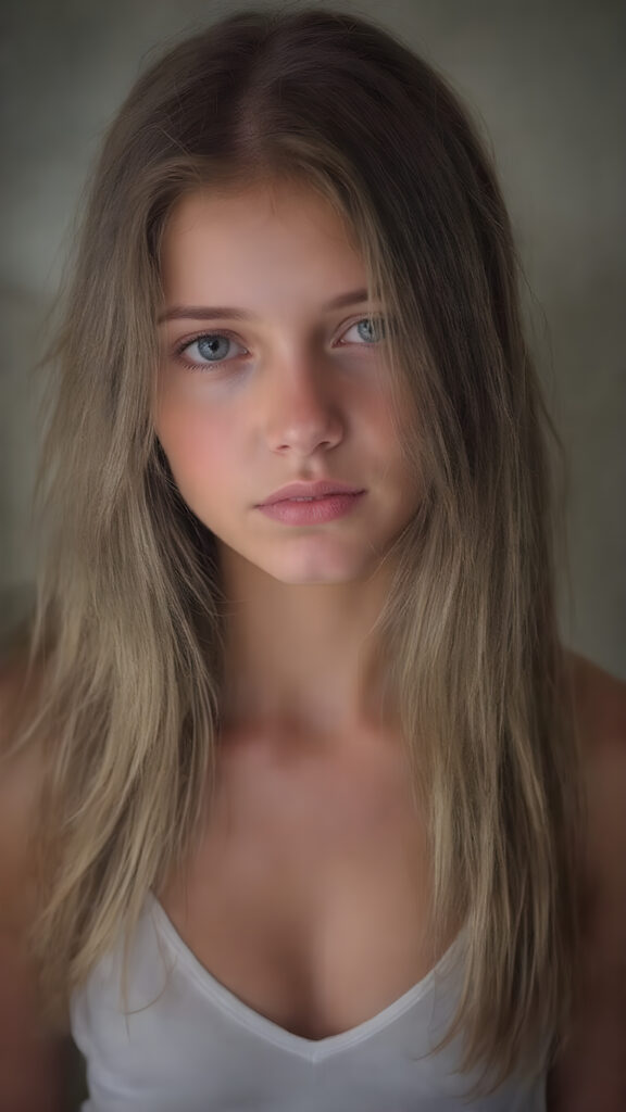 A (((digital full-body photograph))), capturing a (((young girl, perfect female body))), round face, full lips, with (((big, ocean-like eyes))) and (((a luxuriously long straight, brown and blond hair that cascades down in a mesmerizing wave))), accessorized with (((a sleek, thin, elegant white tank top, deep v-neck))), draped loosely over her shoulders, contrasting luxuriously against her elegant skin. The scene creates a (((beautiful play of light and shadow))), emphasizing intricate details and unique textures that make this image truly ((masterful artistry))