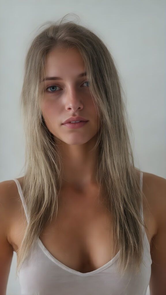 A (((digital full-body photograph))), capturing a (((young girl, perfect female body))), round face, full lips, with (((big, ocean-like eyes))) and (((a luxuriously long straight, brown and blond hair that cascades down in a mesmerizing wave))), accessorized with (((a sleek, thin, elegant white tank top, deep v-neck))), draped loosely over her shoulders, contrasting luxuriously against her elegant skin. The scene creates a (((beautiful play of light and shadow))), emphasizing intricate details and unique textures that make this image truly ((masterful artistry))