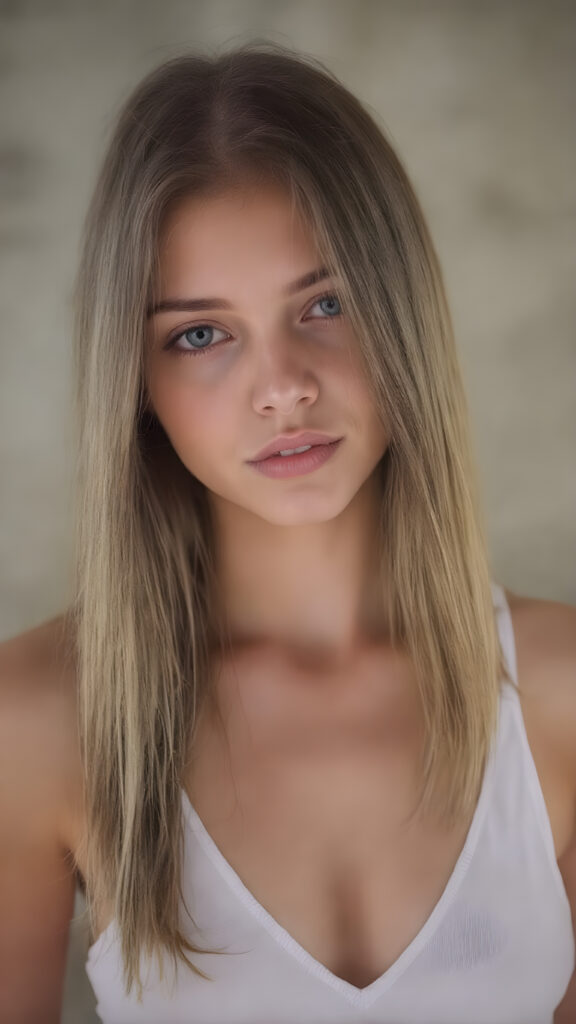 A (((digital full-body photograph))), capturing a (((young girl, perfect female body))), round face, full lips, with (((big, ocean-like eyes))) and (((a luxuriously long straight, brown and blond hair that cascades down in a mesmerizing wave))), accessorized with (((a sleek, thin, elegant white tank top, deep v-neck))), draped loosely over her shoulders, contrasting luxuriously against her elegant skin. The scene creates a (((beautiful play of light and shadow))), emphasizing intricate details and unique textures that make this image truly ((masterful artistry))
