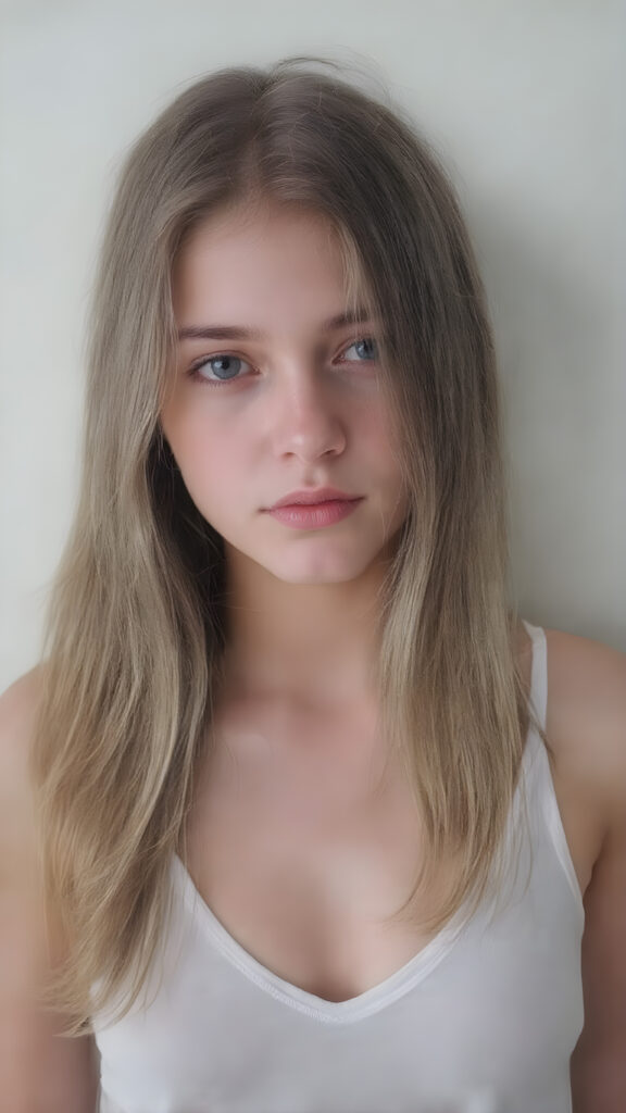 A (((digital full-body photograph))), capturing a (((young girl, perfect female body))), round face, full lips, with (((big, ocean-like eyes))) and (((a luxuriously long straight, brown and blond hair that cascades down in a mesmerizing wave))), accessorized with (((a sleek, thin, elegant white tank top, deep v-neck))), draped loosely over her shoulders, contrasting luxuriously against her elegant skin. The scene creates a (((beautiful play of light and shadow))), emphasizing intricate details and unique textures that make this image truly ((masterful artistry))