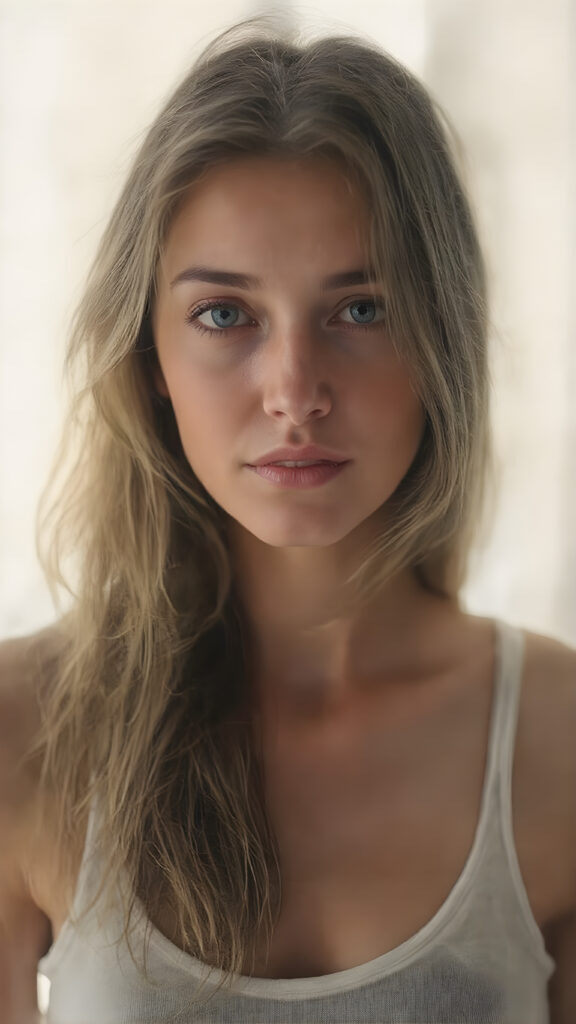 A (((digital full-body photograph))), capturing a (((woman in her late 20s))) with (((big, ocean-like eyes))) and (((a luxuriously long, brown hair that cascades down in a mesmerizing wave))), accessorized with (((a sleek, thin, elegant white tank top))), draped loosely over her shoulders, contrasting luxuriously against her elegant skin. The scene creates a (((beautiful play of light and shadow))), emphasizing intricate details and unique textures that make this image truly ((masterful artistry))