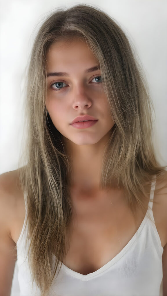 A (((digital full-body photograph))), capturing a (((young girl, perfect female body))), round face, full lips, with (((big, ocean-like eyes))) and (((a luxuriously long straight, brown and blond hair that cascades down in a mesmerizing wave))), accessorized with (((a sleek, thin, elegant white tank top, deep v-neck))), draped loosely over her shoulders, contrasting luxuriously against her elegant skin. The scene creates a (((beautiful play of light and shadow))), emphasizing intricate details and unique textures that make this image truly ((masterful artistry))