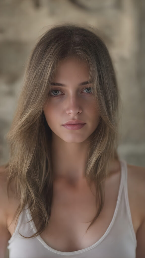 A (((digital full-body photograph))), capturing a (((woman in her late 20s))) with (((big, ocean-like eyes))) and (((a luxuriously long, brown hair that cascades down in a mesmerizing wave))), accessorized with (((a sleek, thin, elegant white tank top))), draped loosely over her shoulders, contrasting luxuriously against her elegant skin. The scene creates a (((beautiful play of light and shadow))), emphasizing intricate details and unique textures that make this image truly ((masterful artistry))