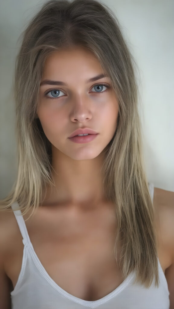 A (((digital full-body photograph))), capturing a (((young girl, perfect female body))), round face, full lips, with (((big, ocean-like eyes))) and (((a luxuriously long straight, brown and blond hair that cascades down in a mesmerizing wave))), accessorized with (((a sleek, thin, elegant white tank top, deep v-neck))), draped loosely over her shoulders, contrasting luxuriously against her elegant skin. The scene creates a (((beautiful play of light and shadow))), emphasizing intricate details and unique textures that make this image truly ((masterful artistry))
