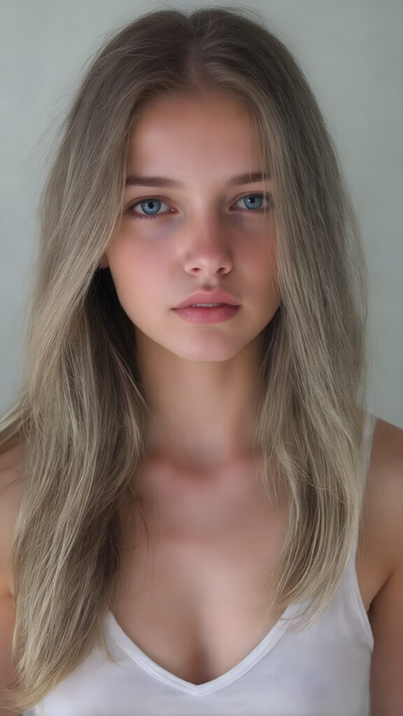 A (((digital full-body photograph))), capturing a (((young girl, perfect female body))), round face, full lips, with (((big, ocean-like eyes))) and (((a luxuriously long straight, brown and blond hair that cascades down in a mesmerizing wave))), accessorized with (((a sleek, thin, elegant white tank top, deep v-neck))), draped loosely over her shoulders, contrasting luxuriously against her elegant skin. The scene creates a (((beautiful play of light and shadow))), emphasizing intricate details and unique textures that make this image truly ((masterful artistry))