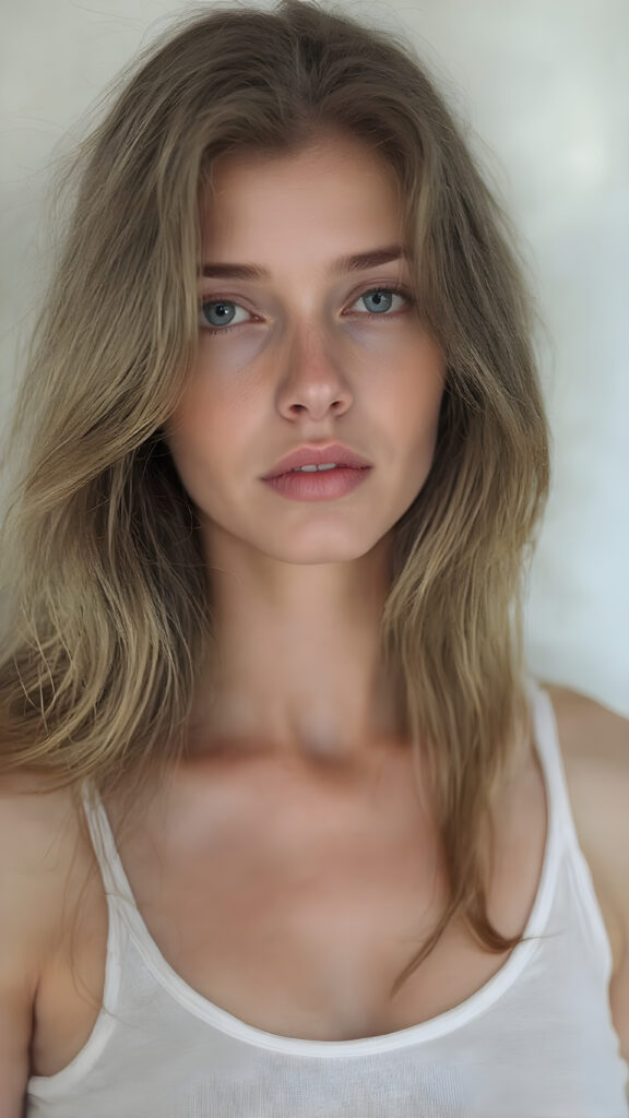 A (((digital full-body photograph))), capturing a (((woman in her late 20s))) with (((big, ocean-like eyes))) and (((a luxuriously long, brown hair that cascades down in a mesmerizing wave))), accessorized with (((a sleek, thin, elegant white tank top))), draped loosely over her shoulders, contrasting luxuriously against her elegant skin. The scene creates a (((beautiful play of light and shadow))), emphasizing intricate details and unique textures that make this image truly ((masterful artistry))