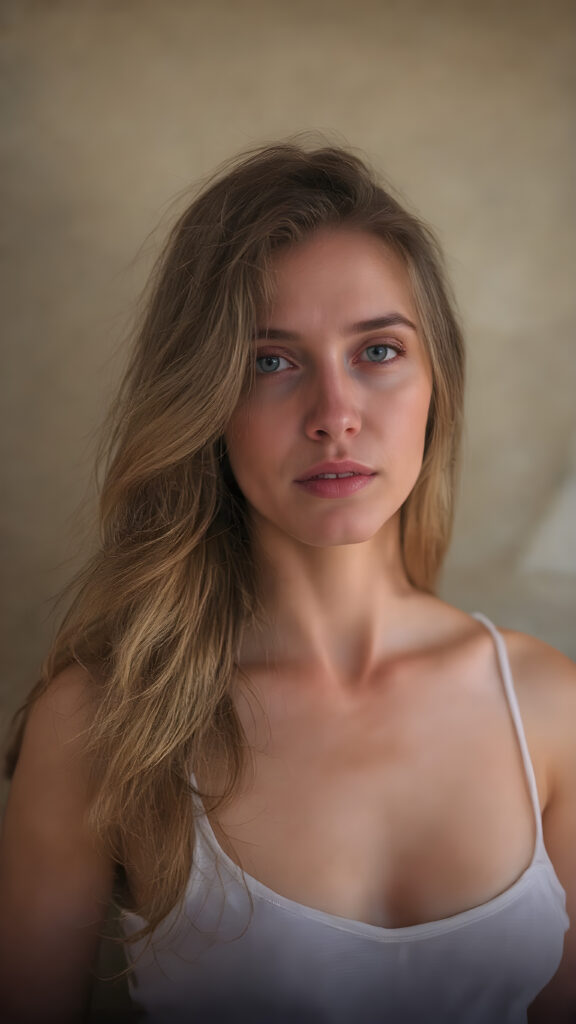 A (((digital full-body photograph))), capturing a (((woman in her late 20s))) with (((big, ocean-like eyes))) and (((a luxuriously long, brown hair that cascades down in a mesmerizing wave))), accessorized with (((a sleek, thin, elegant white tank top))), draped loosely over her shoulders, contrasting luxuriously against her elegant skin. The scene creates a (((beautiful play of light and shadow))), emphasizing intricate details and unique textures that make this image truly ((masterful artistry))