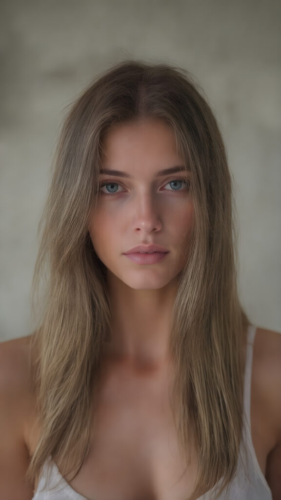 A (((digital full-body photograph))), capturing a (((woman in her late 20s))) with (((big, ocean-like eyes))) and (((a luxuriously long, brown hair that cascades down in a mesmerizing wave))), accessorized with (((a sleek, thin, elegant white tank top))), draped loosely over her shoulders, contrasting luxuriously against her elegant skin. The scene creates a (((beautiful play of light and shadow))), emphasizing intricate details and unique textures that make this image truly ((masterful artistry))