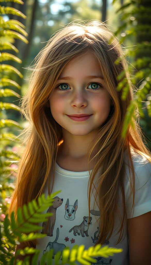 A dreamy, sunlit forest glade serves as the backdrop for a super-realistic, detailed portrait of a radiant young girl with flowing amber hair, framed by lush ferns and wildflowers. Her luminous light green eyes sparkle with innocence as she gazes warmly into the camera, her full lips slightly parted in a gentle smile. She wears a whimsical white t-shirt adorned with playful illustrations of woodland creatures, adding a touch of whimsy. Soft, golden-hour light filters through the canopy, casting dappled shadows and accentuating the vivid colors of the vibrant foliage around her, creating a serene and magical atmosphere.