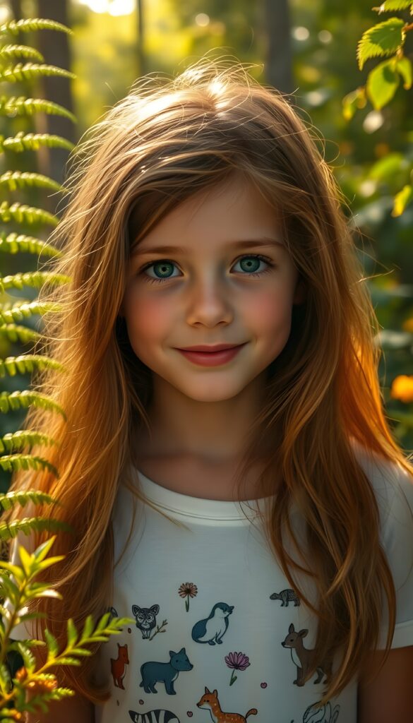 A dreamy, sunlit forest glade serves as the backdrop for a super-realistic, detailed portrait of a radiant young girl with flowing amber hair, framed by lush ferns and wildflowers. Her luminous light green eyes sparkle with innocence as she gazes warmly into the camera, her full lips slightly parted in a gentle smile. She wears a whimsical white t-shirt adorned with playful illustrations of woodland creatures, adding a touch of whimsy. Soft, golden-hour light filters through the canopy, casting dappled shadows and accentuating the vivid colors of the vibrant foliage around her, creating a serene and magical atmosphere.