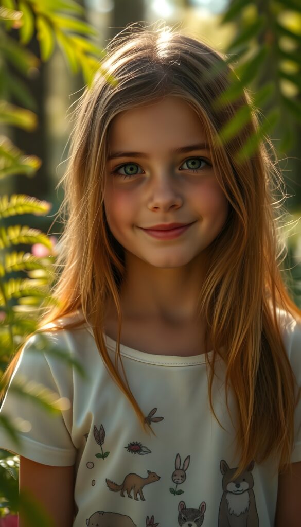 A dreamy, sunlit forest glade serves as the backdrop for a super-realistic, detailed portrait of a radiant young girl with flowing amber hair, framed by lush ferns and wildflowers. Her luminous light green eyes sparkle with innocence as she gazes warmly into the camera, her full lips slightly parted in a gentle smile. She wears a whimsical white t-shirt adorned with playful illustrations of woodland creatures, adding a touch of whimsy. Soft, golden-hour light filters through the canopy, casting dappled shadows and accentuating the vivid colors of the vibrant foliage around her, creating a serene and magical atmosphere.