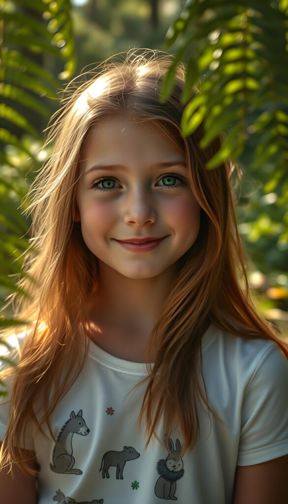 A dreamy, sunlit forest glade serves as the backdrop for a super-realistic, detailed portrait of a radiant young girl with flowing amber hair, framed by lush ferns and wildflowers. Her luminous light green eyes sparkle with innocence as she gazes warmly into the camera, her full lips slightly parted in a gentle smile. She wears a whimsical white t-shirt adorned with playful illustrations of woodland creatures, adding a touch of whimsy. Soft, golden-hour light filters through the canopy, casting dappled shadows and accentuating the vivid colors of the vibrant foliage around her, creating a serene and magical atmosphere.