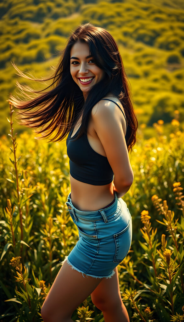 A dynamic aerial view of a vibrant, cheerful young woman with a sun-kissed complexion and long, flowing black hair, accentuating her curvy yet slender figure. She confidently stands amidst a lush, verdant landscape with a sunny, green backdrop. Her perfectly toned thighs and full hips are highlighted in a sleek, form-fitting tank top and tight denim shorts, creating a striking contrast with the vibrant natural setting. The scene is bathed in warm, golden sunlight, casting a radiant glow that enhances her youthful energy and the vibrant hues of the surroundings.