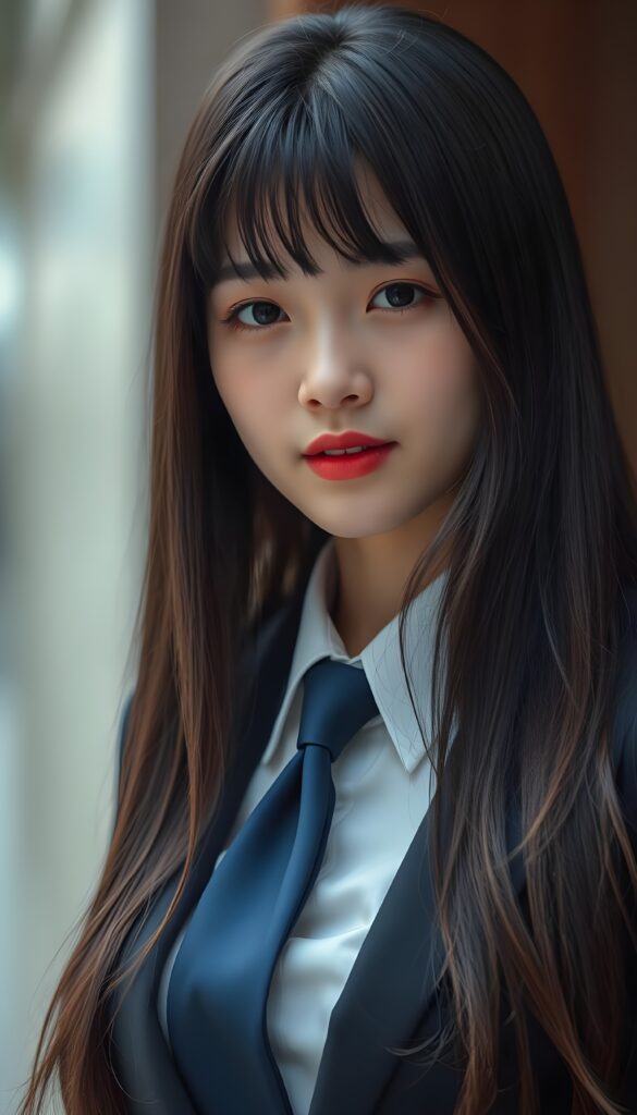 A dynamic, full-length portrait of a young Korean girl exuding confidence and grace. She wears a sophisticated business suit with a crisp white shirt and a deep blue tie. Her long, straight, black hair cascades like a waterfall, featuring subtle brown highlights that catch the light. She has adorable bangs and full, plump red lips.