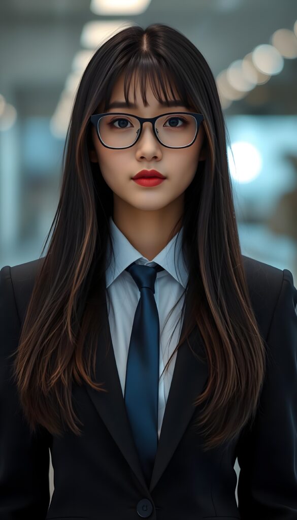 A dynamic, full-length portrait of a young Korean business woman exuding confidence and grace. She wears a sophisticated black business suit with a crisp white shirt and a deep blue tie. Her long, straight, black hair cascades like a waterfall, featuring subtle brown highlights that catch the light. She has adorable bangs and full, plump red lips. Black glasses.