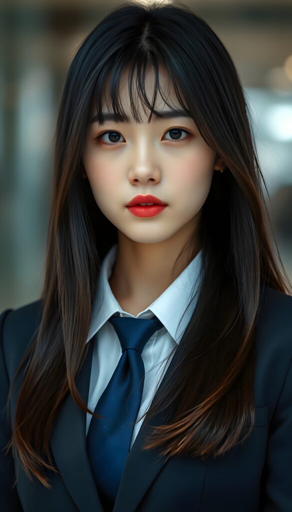 A dynamic, full-length portrait of a young Korean girl exuding confidence and grace. She wears a sophisticated business suit with a crisp white shirt and a deep blue tie. Her long, straight, black hair cascades like a waterfall, featuring subtle brown highlights that catch the light. She has adorable bangs and full, plump red lips.