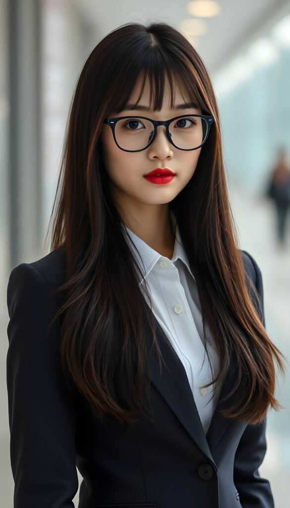 A dynamic, full-length portrait of a young Korean girl exuding confidence and grace. She wears a sophisticated business suit with a crisp white shirt and a deep blue tie. Her long, straight, black hair cascades like a waterfall, featuring subtle brown highlights that catch the light. She has adorable bangs and full, plump red lips. Black glasses.