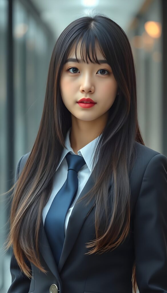 A dynamic, full-length portrait of a young Korean girl exuding confidence and grace. She wears a sophisticated business suit with a crisp white shirt and a deep blue tie. Her long, straight, black hair cascades like a waterfall, featuring subtle brown highlights that catch the light. She has adorable bangs and full, plump red lips.