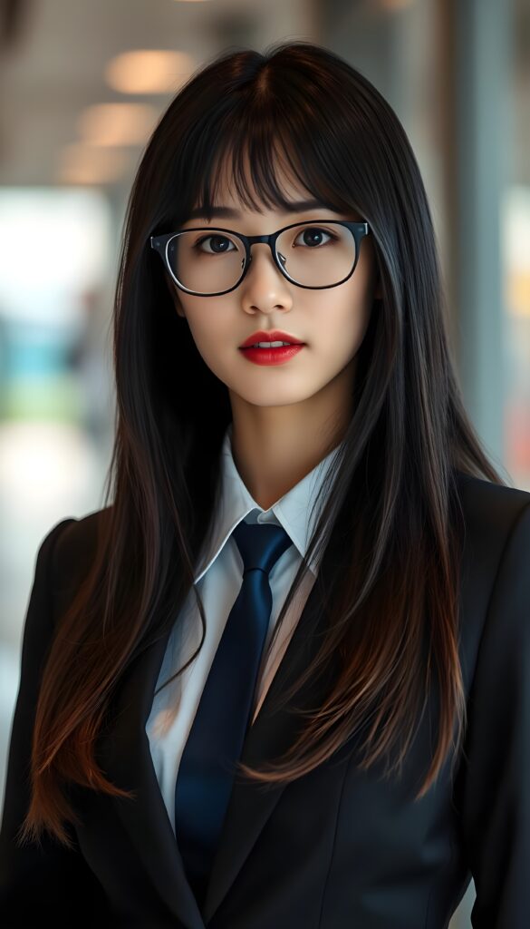 A dynamic, full-length portrait of a young Korean business woman exuding confidence and grace. She wears a sophisticated black business suit with a crisp white shirt and a deep blue tie. Her long, straight, black hair cascades like a waterfall, featuring subtle brown highlights that catch the light. She has adorable bangs and full, plump red lips. Black glasses.