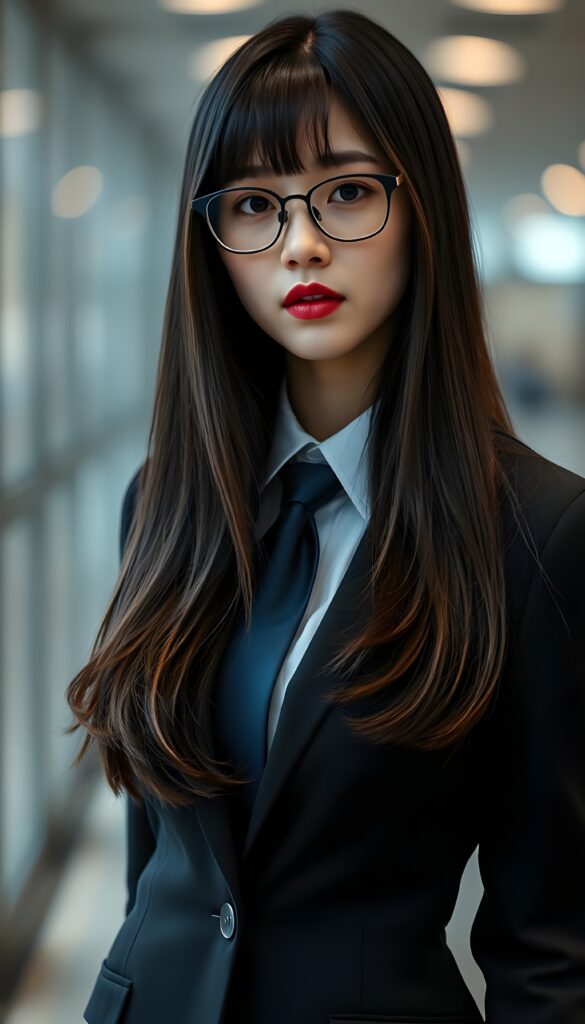 A dynamic, full-length portrait of a young Korean business woman exuding confidence and grace. She wears a sophisticated black business suit with a crisp white shirt and a deep blue tie. Her long, straight, black hair cascades like a waterfall, featuring subtle brown highlights that catch the light. She has adorable bangs and full, plump red lips. Black glasses.