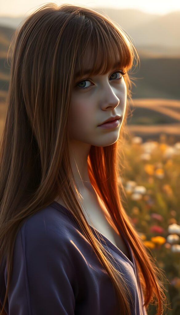 A dynamic, high-resolution image of a young, graceful busty teen girl with an ethereal presence. She stands on a lush, vibrant meadow, her long, straight, crimson hair cascading like a waterfall of autumn leaves. The hair is exactly the same length on both sides. Her bangs frame her delicate face, accentuating her sparkling blue eyes. She wears a purple fine hoodie that shimmers in the sunlight, blending with the surrounding flora. The scene is bathed in warm, golden-hour light, casting soft shadows and highlighting the intricate details of her features. In the background, rolling hills covered in wildflowers and distant mountains create a serene, dreamlike atmosphere. The composition emphasizes her youthful beauty and serene demeanor, with a focus on symmetry and harmonious color contrasts.