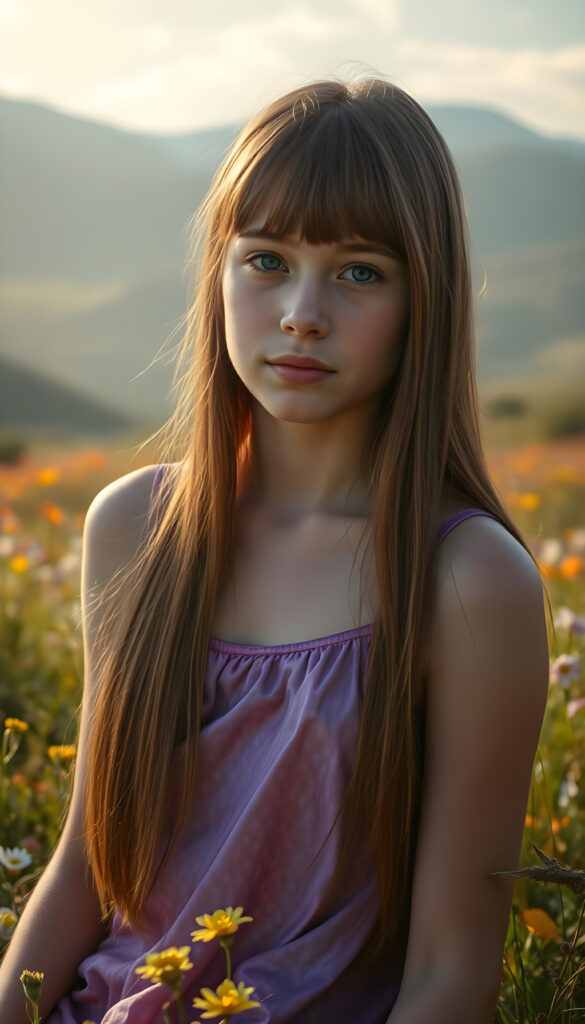 A dynamic, high-resolution image of a young, graceful girl with an ethereal presence. She sits on a lush, vibrant meadow, her long, straight, crimson hair cascading like a waterfall of autumn leaves and has the same length. Her bangs frame her delicate face, accentuating her sparkling blue eyes. She wears a flowing, iridescent purple tank top that shimmers in the sunlight, blending with the surrounding flora. The scene is bathed in warm, golden-hour light, casting soft shadows and highlighting the intricate details of her features. In the background, rolling hills covered in wildflowers and distant mountains create a serene, dreamlike atmosphere. The composition emphasizes her youthful beauty and serene demeanor, with a focus on symmetry and harmonious color contrasts.