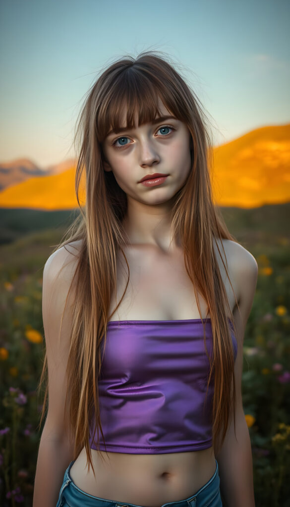 A dynamic, high-resolution image of a young, graceful teen girl with an ethereal presence. She stands on a lush, vibrant meadow, her long, straight, crimson hair cascading like a waterfall of autumn leaves. Her bangs frame her delicate face, accentuating her sparkling blue eyes. She wears a purple thin cropped spaghetti tank top that shimmers in the sunlight, blending with the surrounding flora. The scene is bathed in warm, golden-hour light, casting soft shadows and highlighting the intricate details of her features. In the background, rolling hills covered in wildflowers and distant mountains create a serene, dreamlike atmosphere. The composition emphasizes her youthful beauty and serene demeanor, with a focus on symmetry and harmonious color contrasts.