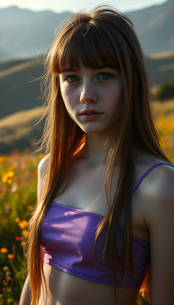 A dynamic, high-resolution image of a young, graceful teen girl with an ethereal presence. She stands on a lush, vibrant meadow, her long, straight, crimson hair cascading like a waterfall of autumn leaves. Her bangs frame her delicate face, accentuating her sparkling blue eyes. She wears a purple thin cropped spaghetti tank top that shimmers in the sunlight, blending with the surrounding flora. The scene is bathed in warm, golden-hour light, casting soft shadows and highlighting the intricate details of her features. In the background, rolling hills covered in wildflowers and distant mountains create a serene, dreamlike atmosphere. The composition emphasizes her youthful beauty and serene demeanor, with a focus on symmetry and harmonious color contrasts.