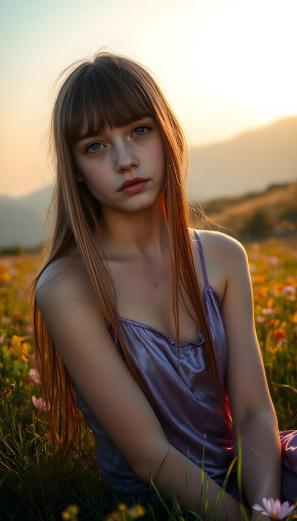 A dynamic, high-resolution image of a young, graceful girl with an ethereal presence. She sits on a lush, vibrant meadow, her long, straight, crimson hair cascading like a waterfall of autumn leaves and has the same length. Her bangs frame her delicate face, accentuating her sparkling blue eyes. She wears a flowing, iridescent purple tank top that shimmers in the sunlight, blending with the surrounding flora. The scene is bathed in warm, golden-hour light, casting soft shadows and highlighting the intricate details of her features. In the background, rolling hills covered in wildflowers and distant mountains create a serene, dreamlike atmosphere. The composition emphasizes her youthful beauty and serene demeanor, with a focus on symmetry and harmonious color contrasts.
