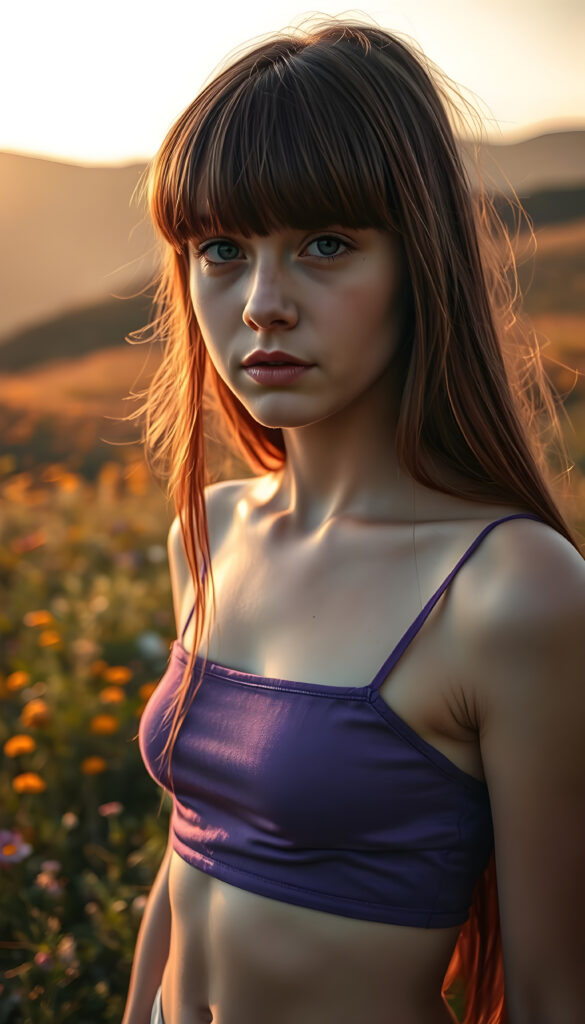 A dynamic, high-resolution image of a young, graceful teen girl with an ethereal presence. She stands on a lush, vibrant meadow, her long, straight, crimson hair cascading like a waterfall of autumn leaves. Her bangs frame her delicate face, accentuating her sparkling blue eyes. She wears a purple thin cropped spaghetti tank top that shimmers in the sunlight, blending with the surrounding flora. The scene is bathed in warm, golden-hour light, casting soft shadows and highlighting the intricate details of her features. In the background, rolling hills covered in wildflowers and distant mountains create a serene, dreamlike atmosphere. The composition emphasizes her youthful beauty and serene demeanor, with a focus on symmetry and harmonious color contrasts.