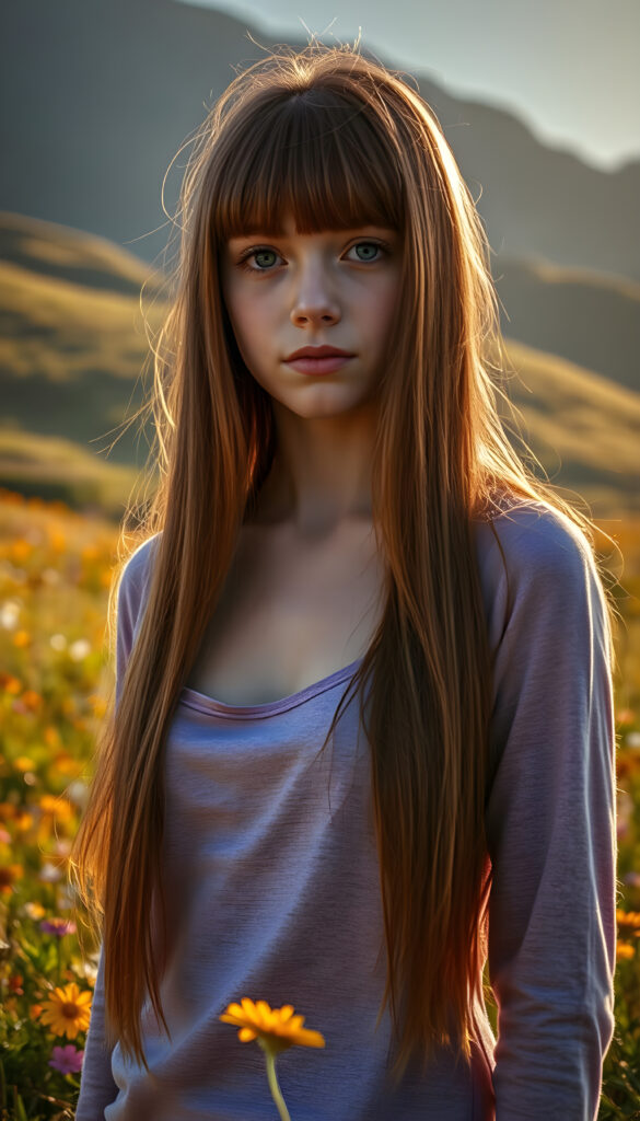 A dynamic, high-resolution image of a young, graceful busty teen girl with an ethereal presence. She stands on a lush, vibrant meadow, her long, straight, crimson hair cascading like a waterfall of autumn leaves. The hair is exactly the same length on both sides. Her bangs frame her delicate face, accentuating her sparkling blue eyes. She wears a purple fine hoodie that shimmers in the sunlight, blending with the surrounding flora. The scene is bathed in warm, golden-hour light, casting soft shadows and highlighting the intricate details of her features. In the background, rolling hills covered in wildflowers and distant mountains create a serene, dreamlike atmosphere. The composition emphasizes her youthful beauty and serene demeanor, with a focus on symmetry and harmonious color contrasts.