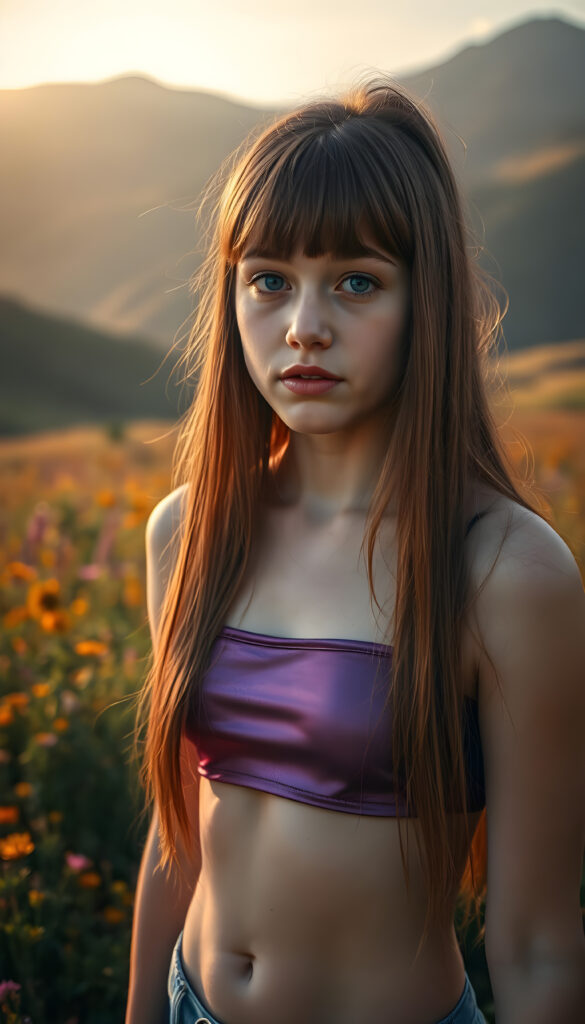 A dynamic, high-resolution image of a young, graceful teen girl with an ethereal presence. She stands on a lush, vibrant meadow, her long, straight, crimson hair cascading like a waterfall of autumn leaves. Her bangs frame her delicate face, accentuating her sparkling blue eyes. She wears a purple thin cropped spaghetti tank top that shimmers in the sunlight, blending with the surrounding flora. The scene is bathed in warm, golden-hour light, casting soft shadows and highlighting the intricate details of her features. In the background, rolling hills covered in wildflowers and distant mountains create a serene, dreamlike atmosphere. The composition emphasizes her youthful beauty and serene demeanor, with a focus on symmetry and harmonious color contrasts.