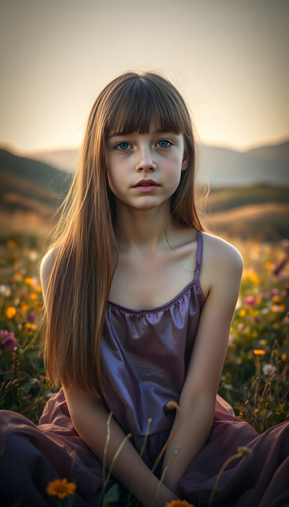 A dynamic, high-resolution image of a young, graceful girl with an ethereal presence. She sits on a lush, vibrant meadow, her long, straight, crimson hair cascading like a waterfall of autumn leaves and has the same length. Her bangs frame her delicate face, accentuating her sparkling blue eyes. She wears a flowing, iridescent purple tank top that shimmers in the sunlight, blending with the surrounding flora. The scene is bathed in warm, golden-hour light, casting soft shadows and highlighting the intricate details of her features. In the background, rolling hills covered in wildflowers and distant mountains create a serene, dreamlike atmosphere. The composition emphasizes her youthful beauty and serene demeanor, with a focus on symmetry and harmonious color contrasts.