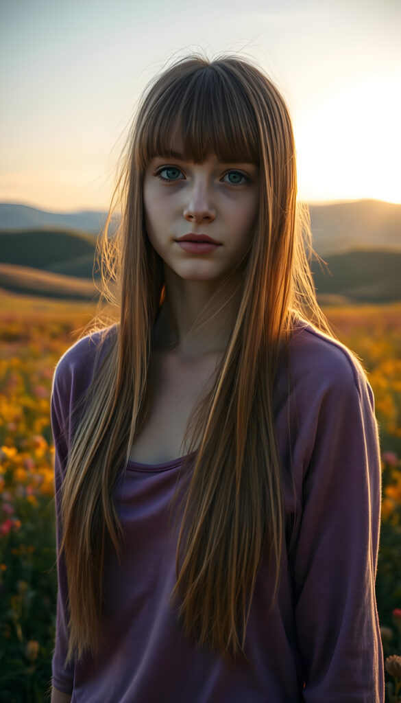 A dynamic, high-resolution image of a young, graceful busty teen girl with an ethereal presence. She stands on a lush, vibrant meadow, her long, straight, crimson hair cascading like a waterfall of autumn leaves. The hair is exactly the same length on both sides. Her bangs frame her delicate face, accentuating her sparkling blue eyes. She wears a purple fine hoodie that shimmers in the sunlight, blending with the surrounding flora. The scene is bathed in warm, golden-hour light, casting soft shadows and highlighting the intricate details of her features. In the background, rolling hills covered in wildflowers and distant mountains create a serene, dreamlike atmosphere. The composition emphasizes her youthful beauty and serene demeanor, with a focus on symmetry and harmonious color contrasts.