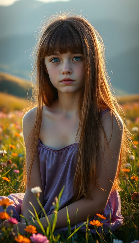 A dynamic, high-resolution image of a young, graceful girl with an ethereal presence. She sits on a lush, vibrant meadow, her long, straight, crimson hair cascading like a waterfall of autumn leaves and has the same length. Her bangs frame her delicate face, accentuating her sparkling blue eyes. She wears a flowing, iridescent purple tank top that shimmers in the sunlight, blending with the surrounding flora. The scene is bathed in warm, golden-hour light, casting soft shadows and highlighting the intricate details of her features. In the background, rolling hills covered in wildflowers and distant mountains create a serene, dreamlike atmosphere. The composition emphasizes her youthful beauty and serene demeanor, with a focus on symmetry and harmonious color contrasts.