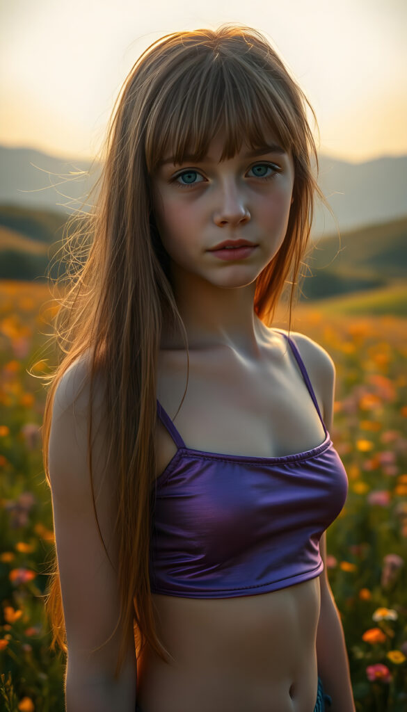A dynamic, high-resolution image of a young, graceful teen girl with an ethereal presence. She stands on a lush, vibrant meadow, her long, straight, crimson hair cascading like a waterfall of autumn leaves. Her bangs frame her delicate face, accentuating her sparkling blue eyes. She wears a purple thin cropped spaghetti tank top that shimmers in the sunlight, blending with the surrounding flora. The scene is bathed in warm, golden-hour light, casting soft shadows and highlighting the intricate details of her features. In the background, rolling hills covered in wildflowers and distant mountains create a serene, dreamlike atmosphere. The composition emphasizes her youthful beauty and serene demeanor, with a focus on symmetry and harmonious color contrasts.