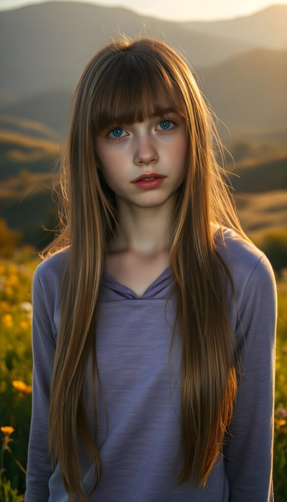 A dynamic, high-resolution image of a young, graceful busty teen girl with an ethereal presence. She stands on a lush, vibrant meadow, her long, straight, crimson hair cascading like a waterfall of autumn leaves. The hair is exactly the same length on both sides. Her bangs frame her delicate face, accentuating her sparkling blue eyes. She wears a purple fine hoodie that shimmers in the sunlight, blending with the surrounding flora. The scene is bathed in warm, golden-hour light, casting soft shadows and highlighting the intricate details of her features. In the background, rolling hills covered in wildflowers and distant mountains create a serene, dreamlike atmosphere. The composition emphasizes her youthful beauty and serene demeanor, with a focus on symmetry and harmonious color contrasts.