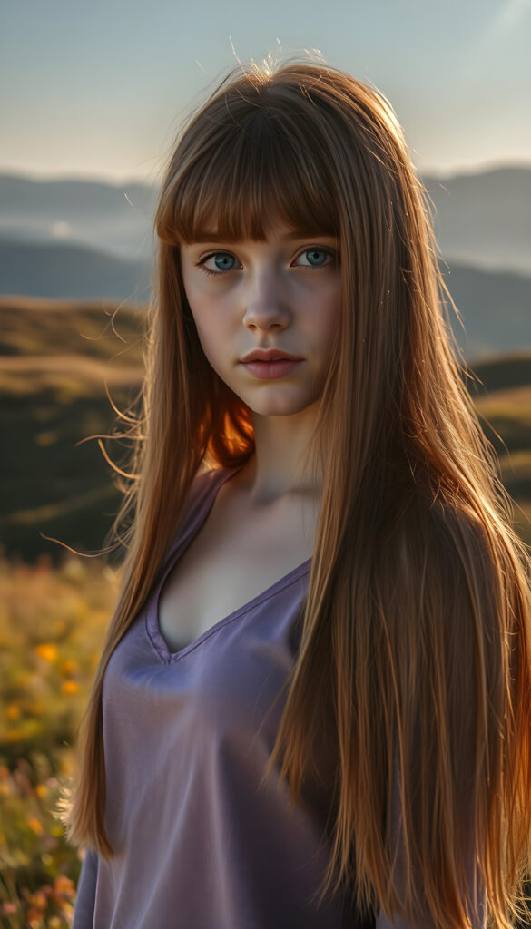 A dynamic, high-resolution image of a young, graceful busty teen girl with an ethereal presence. She stands on a lush, vibrant meadow, her long, straight, crimson hair cascading like a waterfall of autumn leaves. The hair is exactly the same length on both sides. Her bangs frame her delicate face, accentuating her sparkling blue eyes. She wears a purple fine hoodie that shimmers in the sunlight, blending with the surrounding flora. The scene is bathed in warm, golden-hour light, casting soft shadows and highlighting the intricate details of her features. In the background, rolling hills covered in wildflowers and distant mountains create a serene, dreamlike atmosphere. The composition emphasizes her youthful beauty and serene demeanor, with a focus on symmetry and harmonious color contrasts.
